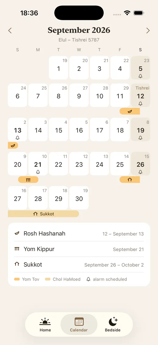 ShabbatRise calendar for September 2026, Elul to Tishrei 5787, showing Rosh Hashanah, Yom Kippur and Sukkot as bands with their own marks, and a bell on the dates that have an alarm (app in English)