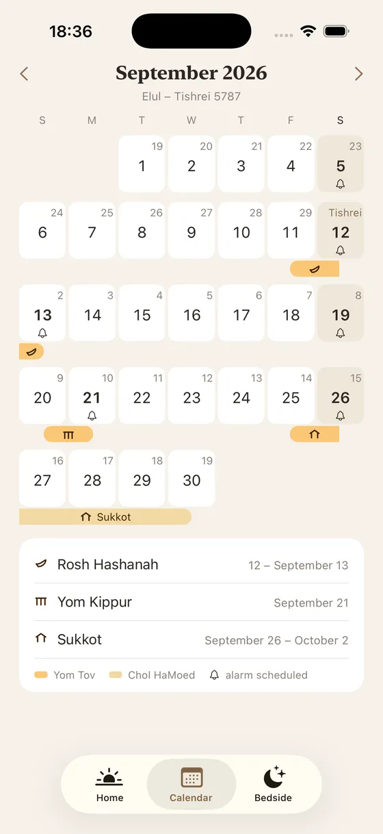 ShabbatRise calendar for September 2026, Elul to Tishrei 5787, showing Rosh Hashanah, Yom Kippur and Sukkot as bands with their own marks, and a bell on the dates that have an alarm (app in English)