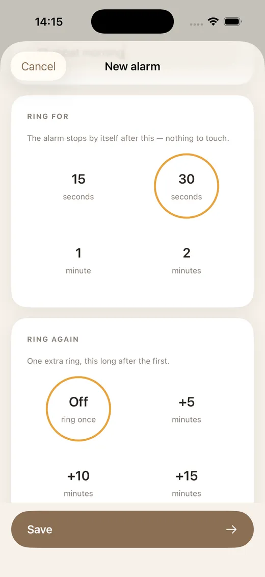 Editor de alarma de ShabbatRise con la duración del sonido en 15 segundos, 30 segundos, 1 minuto o 2 minutos (app en inglés)