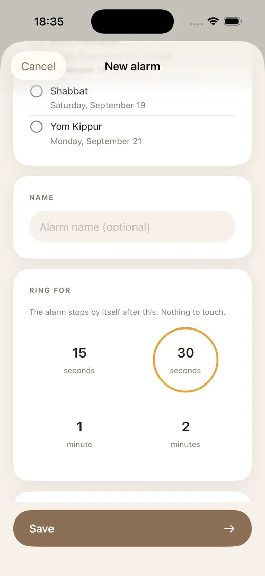 ShabbatRise alarm editor with the ring duration set to 15 seconds, 30 seconds, 1 minute or 2 minutes (app in English)