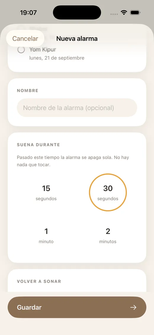 Editor de alarma de ShabbatRise con la duración del sonido en 15 segundos, 30 segundos, 1 minuto o 2 minutos (app en español)
