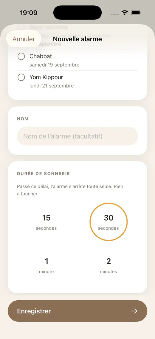 Éditeur d’alarme de ShabbatRise avec la durée de sonnerie réglée sur 15 secondes, 30 secondes, 1 minute ou 2 minutes (application en français)